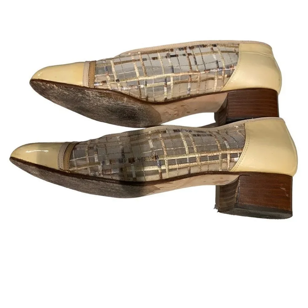 Pupi Camagna Vintage Leather & Cloth Loafers Cream‎ Vibram Sole Italy 9 Wmn